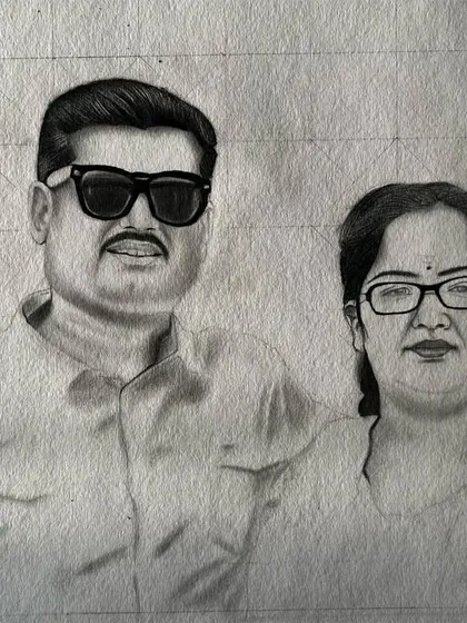 A work-in-progress shot of a realistic pencil portrait of a couple. This shows the underlying grid and initial layers of shading.