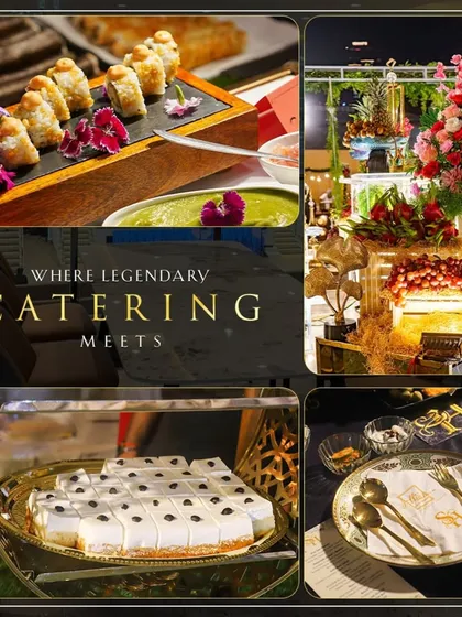 A collage showcasing our legendary catering at a destination wedding venue. It highlights our ability to provide a complete luxury experience, from food to ambiance.