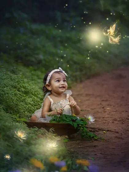 A baby girl sits in a wooden bowl on a forest path, looking up in wonder at a glowing fairy. This conceptual portrait combines photography with digital art to create a magical story.