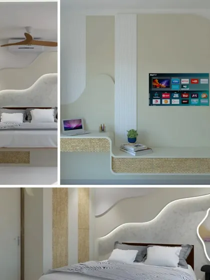 A collage of bedroom renders showcasing different angles of a design with organic, wavy wall features.
