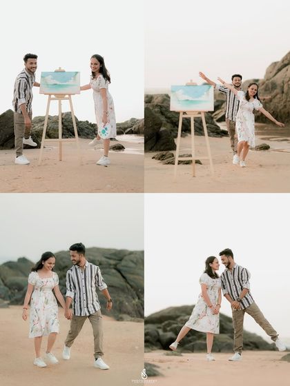 A four-image collage from the creative "painting on the beach" photoshoot, showing the process and the happy result.
