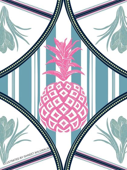 Another tile design, this time with a pink pineapple. These individual motifs are designed to work together in a larger tapestry or as standalone patterns for smaller items like coasters or napkins.