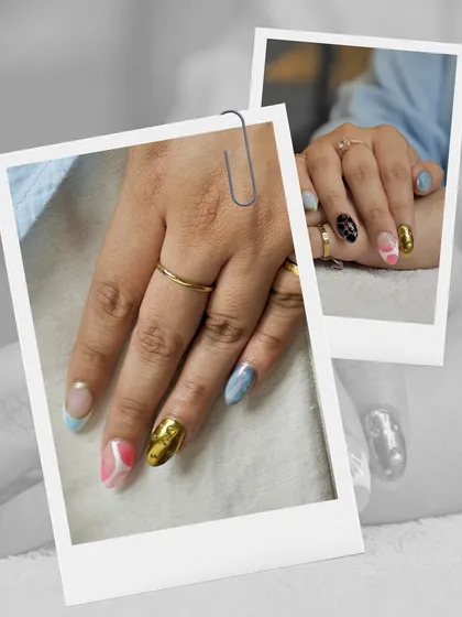 For when you want your nails to be the main event. This set shows the creative possibilities we can explore, combining different nail art techniques like gold chrome, abstract patterns, and bold color blocking for a truly unique look.