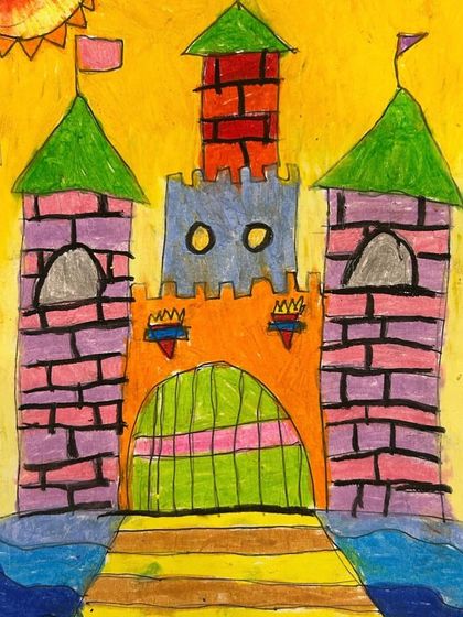 This beautiful castle drawing is a great example of architectural fantasy. The student has used their knowledge of shapes and composition to create a detailed and colorful structure, showing excellent use of shading and texture.