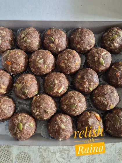 A closer look at the texture of my Ragi Laddoos, showing the mix of seeds and nuts.
