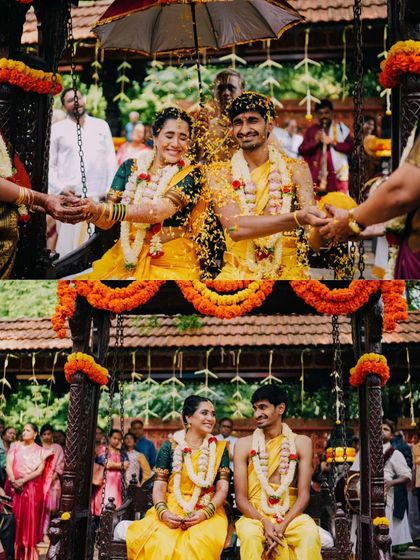 A duplicate image of the couple on the wedding swing, a moment of joy and tradition.