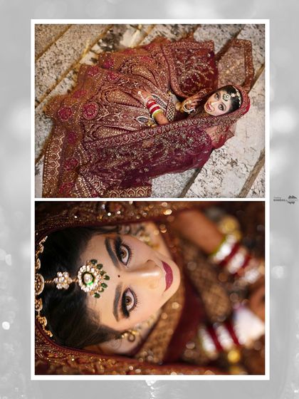 A creative collage with an overhead shot of the bride's lehenga and a beautiful close-up of her face. This offers a unique and artistic perspective.