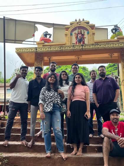 Our group at the entrance of a temple in Chikmagalur, blending adventure with a touch of local culture and spirituality.