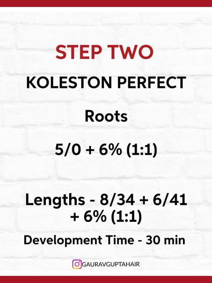 Step Two is the toning formula. I used different Koleston Perfect mixtures for the roots and lengths to create a natural, dimensional effect.