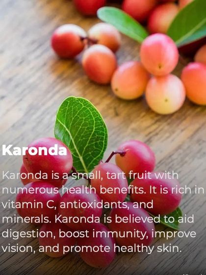 Karonda is a small, tart fruit rich in vitamin C and antioxidants. It's traditionally used to aid digestion, boost immunity, and improve vision. It makes a wonderful tangy pickle or chutney.