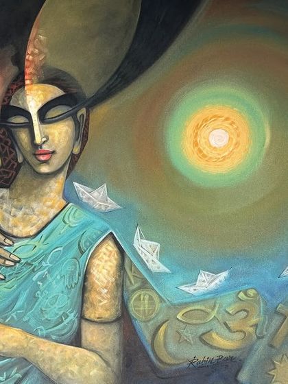 An untitled 36x48 inch acrylic painting showing a woman surrounded by symbols of peace and spirituality, set against a glowing sun.