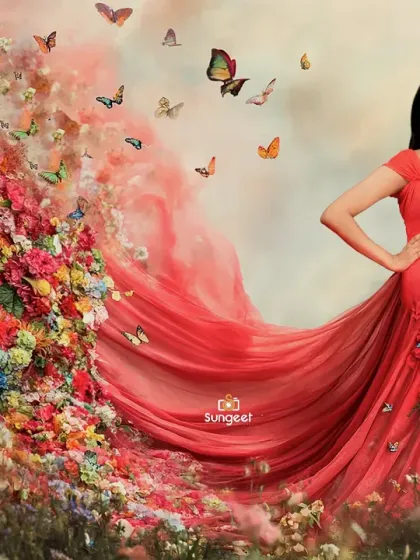 A truly magical moment captured in our studio. We use creative elements like this flowing red gown and a cascade of flowers and butterflies to create fine art pregnancy portraits that feel like a fairytale.