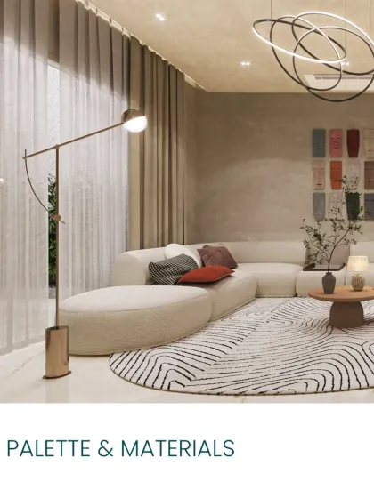 The material palette includes soft bouclé fabrics, warm woods, and a patterned rug, all chosen to soothe, not shout.