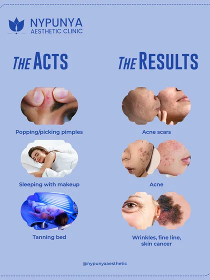 Your skin keeps receipts of your habits. Popping pimples leads to scars, sleeping with makeup on can cause acne, and using tanning beds dramatically increases your risk for wrinkles and skin cancer.