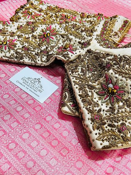 This collection showcases a variety of my custom blouse designs, from pastel engagement pieces to rich Kanjivaram pairings. Each one is uniquely crafted with different handwork techniques, fabrics, and cuts to match my client's vision.