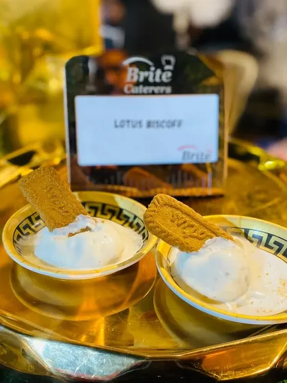 A clear shot of the Lotus Biscoff ice cream, served with the iconic biscuit, a trendy and delicious dessert option.