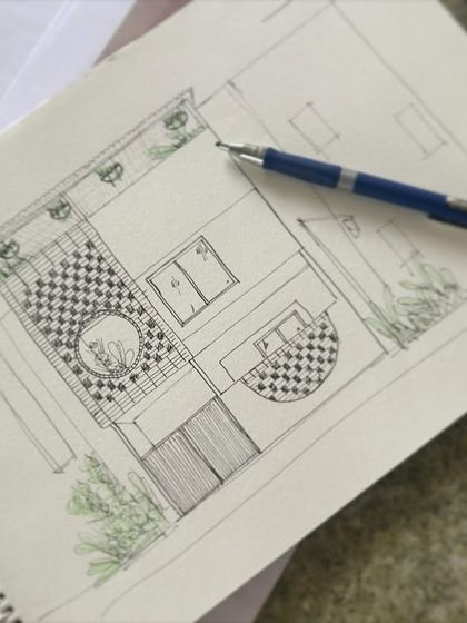 An early concept sketch for a residential project, showing the initial ideas for the flooring, layout, and landscaping.