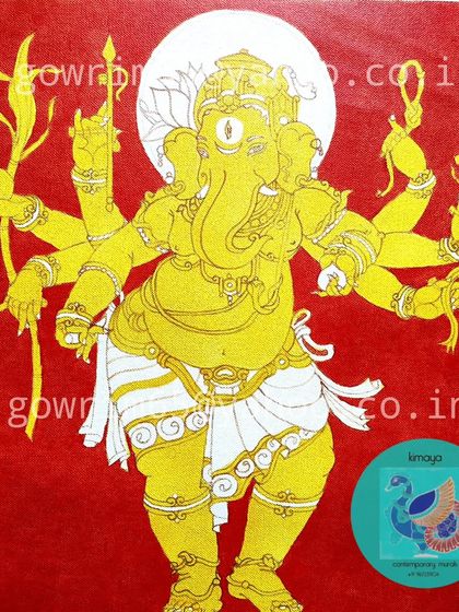 An in-progress shot of the Taruna Ganapati painting. Here, the yellow base is applied over the red background, creating a striking contrast that will be further enhanced with more colors and details.