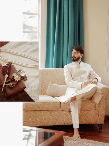 A collage showing the groom in a relaxed pose, alongside detail shots of his accessories. It's a stylish portrait that captures his personality.