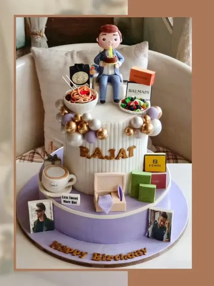 An elaborate and personalized birthday cake featuring a custom figure, favorite foods, photos, and luxury brand logos.