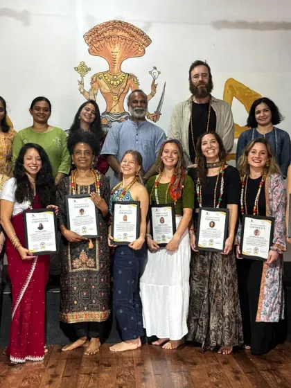 Celebrating our dedicated French students upon their successful completion of the 300-hour Yoga Teacher Training. Each student holds their Yoga Alliance certificate, a symbol of their hard work.
