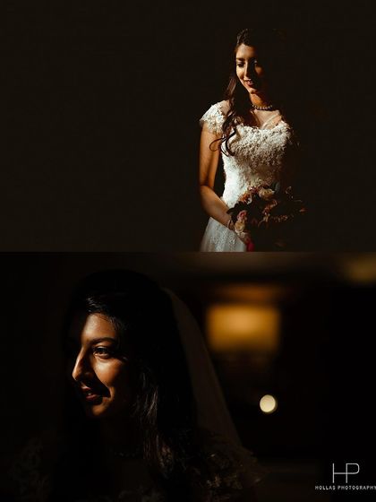An artistic and moody bridal portrait session using shadows and light to create a dramatic effect.