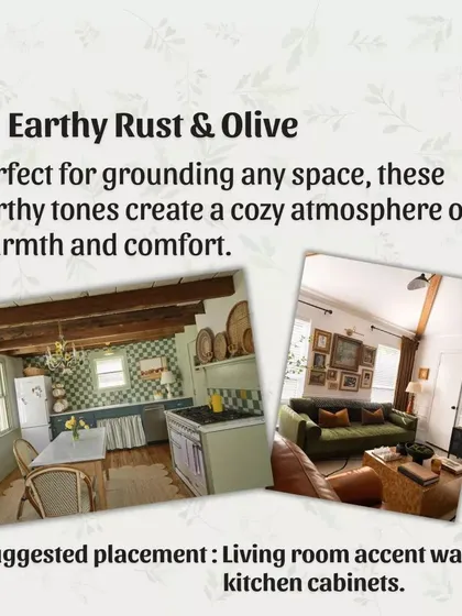 The Earthy Rust & Olive palette is perfect for grounding a space. These warm, natural tones create a cozy and comfortable atmosphere, ideal for a living room accent wall or kitchen cabinets.