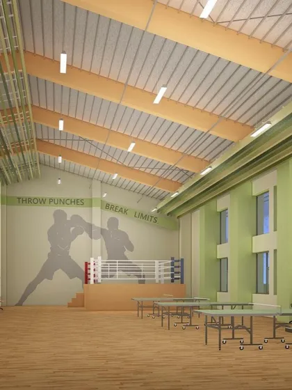 A concept render for a multi-purpose hall at Delhi World Public School, Kolkata. The design includes a boxing ring and table tennis areas, showcasing our approach to creating versatile spaces for both sports and recreation.