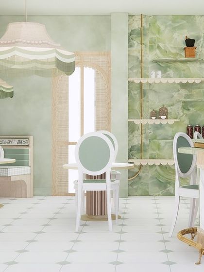 From concept to reality. This early 3D render shows our vision for the space, visualizing the interplay of green onyx, white satuario marble, and cane that now defines the completed cafe.