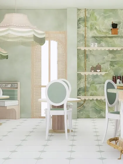 From concept to reality. This early 3D render shows our vision for the space, visualizing the interplay of green onyx, white satuario marble, and cane that now defines the completed cafe.