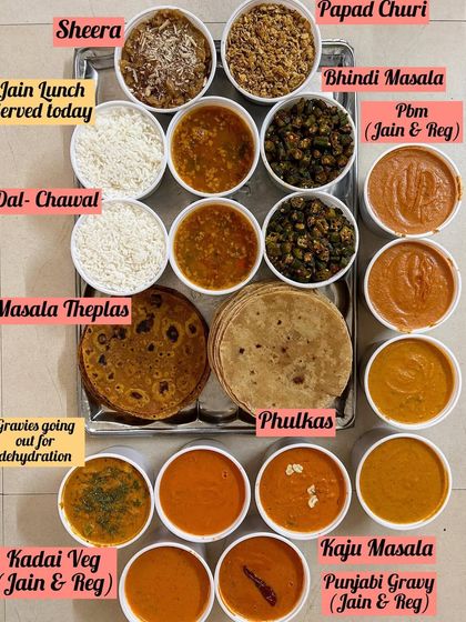 Another look at the complete Jain lunch spread with various breads and curries.