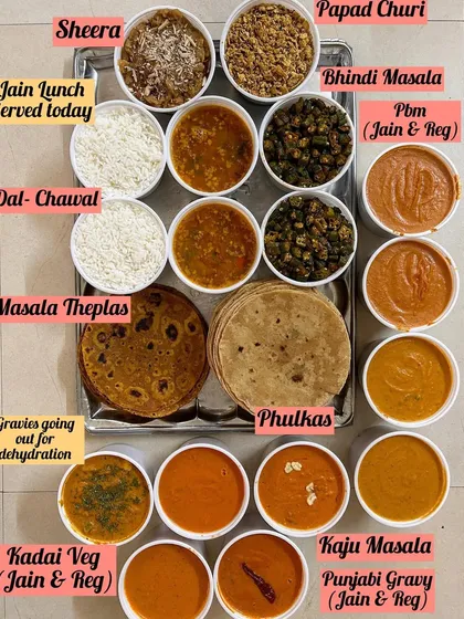 A Jain lunch spread with a variety of dishes including Dal-Chawal, Bhindi Masala, Paneer Butter Masala, Kadai Veg, Kaju Masala, and Masala Theplas.