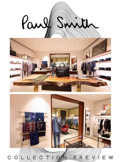 A collage from the Paul Smith SS25 collection preview. It shows the beautifully merchandised store, from the colorful scarves to the impeccably tailored suits.