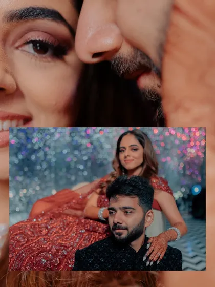 A layered portrait that combines an intimate close-up with a stylish shot of the couple at their sangeet.