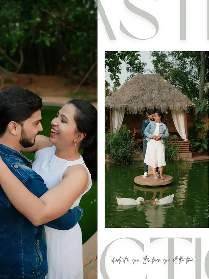 A creative collage from a resort photoshoot, featuring a romantic embrace and a wide shot of the couple by a pond. The text overlay adds a modern, magazine-like feel.