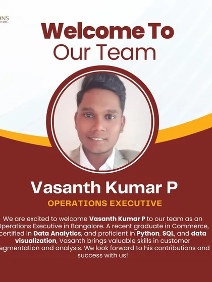 We are thrilled to welcome Vasanth Kumar P to our Bangalore team as an Operations Executive. His skills in data analytics, Python, and SQL, combined with his fresh perspective, make him a perfect fit for our team.