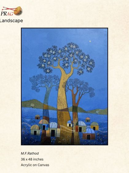 M.F. Rathod's stylized landscape with its striking blue palette is complemented by a simple black frame. The frame acts as a window into the artist's imaginative world.