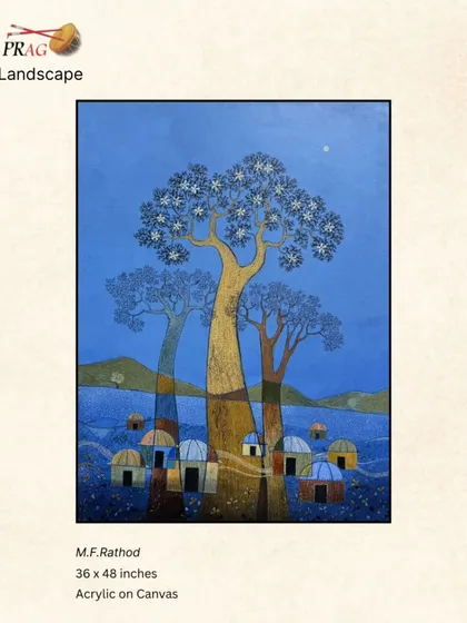 A mystical landscape by M.F. Rathod, featuring stylized trees and huts under a deep blue, moonlit sky.
