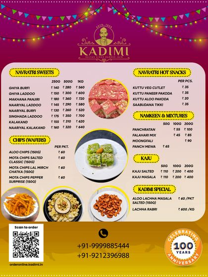 Our complete Navratri menu, featuring a wide range of sweets, hot snacks, namkeen, and chips, all specially prepared for fasting.