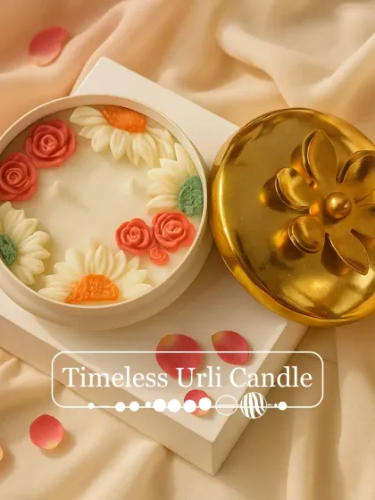 My Timeless Urli Candle, unlit, showcasing the intricate wax roses and daisies. It comes in a beautiful container with a golden floral lid, making it an elegant decor piece even before it's lit.