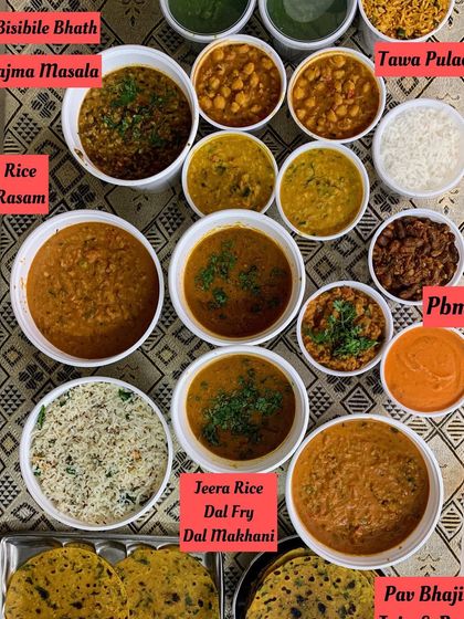 A large order with a variety of main courses. This includes Bisibele Bhath, Rajma Masala, Dal Fry, and Pav Bhaji, showing the range of cuisines I can prepare.
