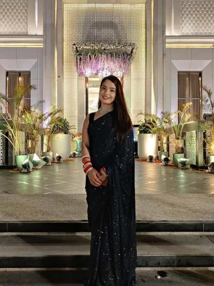 Dressed up for a wedding reception.