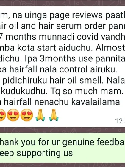 I receive many messages about post-COVID hair loss, and it means so much to know my products can help. This customer found that after three months of using my hair oil and serum, her hair fall was finally under control.
