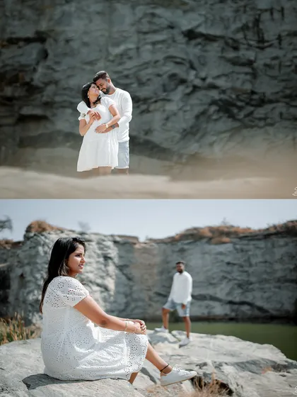Using a dramatic rocky landscape for a pre-wedding shoot. We explore different compositions, from intimate close-ups to wide shots that showcase the stunning scenery.