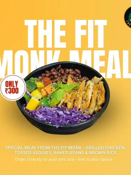 Healthy eating doesn't have to be expensive. My special Fit Monk Meal with grilled chicken, tossed veggies, baked beans, and brown rice is a complete, nutritious meal for just ₹300.