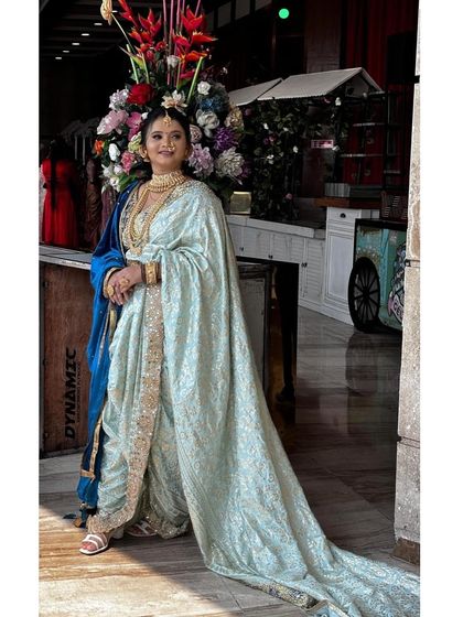 A full-length shot showing the entire modern Nauvari look chosen by a happy customer.