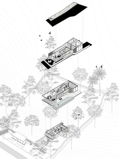 An exploded axonometric drawing, like this one for a home in Chapora, deconstructs the design layer by layer. This helps us explain the relationship between different levels of the house as it steps down a sloping site.