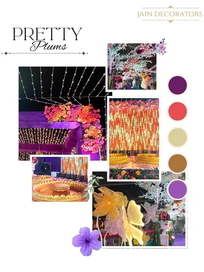 A moodboard for a "Pretty Plums" theme. This shows how I combine images of floral arrangements, lighting, and decor with a color palette to define a royal, modern, and vibrant aesthetic.