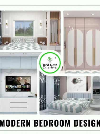 This collage displays a complete modern bedroom design, including a stylish bed with a marble-effect headboard, a matching dressing unit, and a sleek wardrobe with elongated handles.