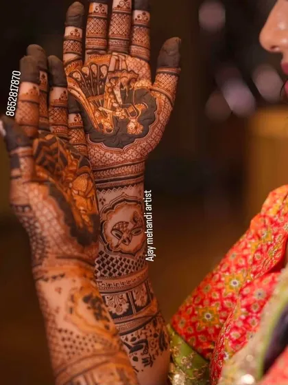 A side view of a bridal design featuring a doli (palanquin) scene on the palm, a classic wedding motif.